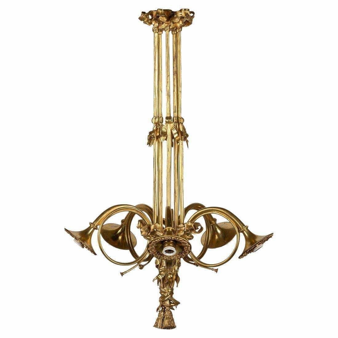 19th Century French Empire Ormolu Chandelier With Trumpet Light Fittings, C.1870