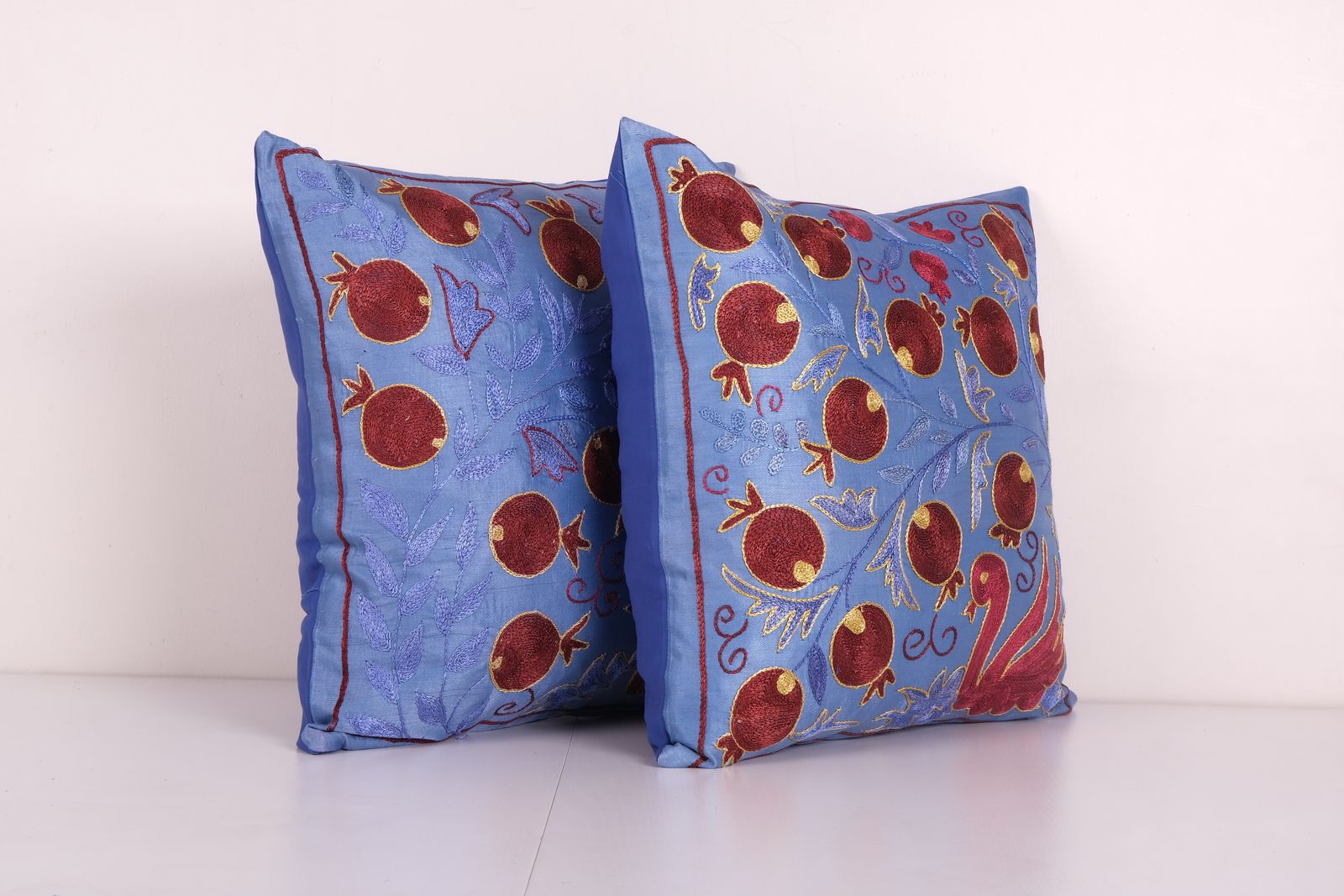 Traditional Navy Blue Silk Suzani From Uzbekistan, Set Of Two Duck Hand Embroidered Cushion Cover 19'' X 19'' photo furniture