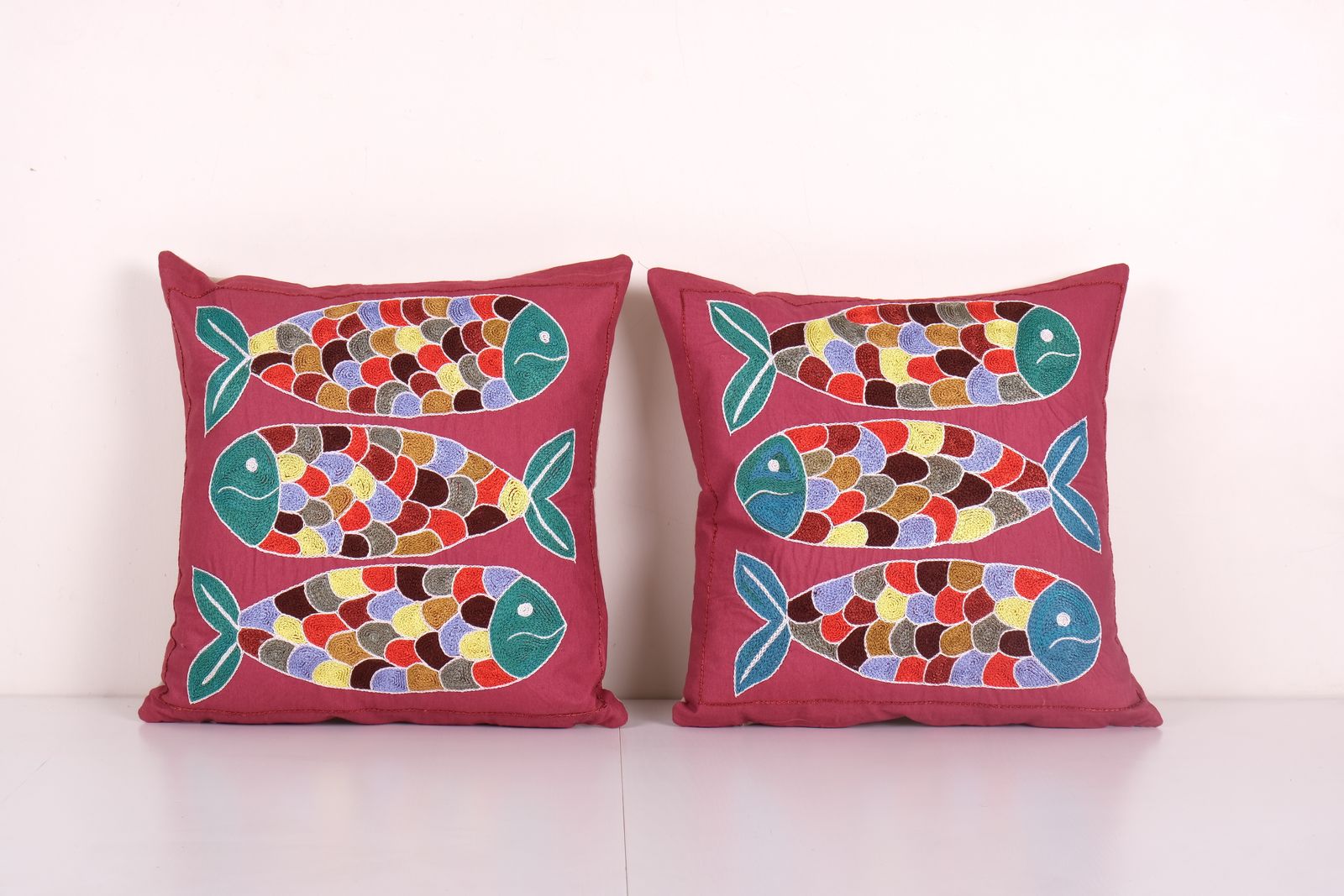 Tashkent Suzani Fish Pillow Case Made From A 19th Century Suzani   Set Of Two Burgundy Uzbek Fish Pictorial Cushion Cover 17'' X 17''