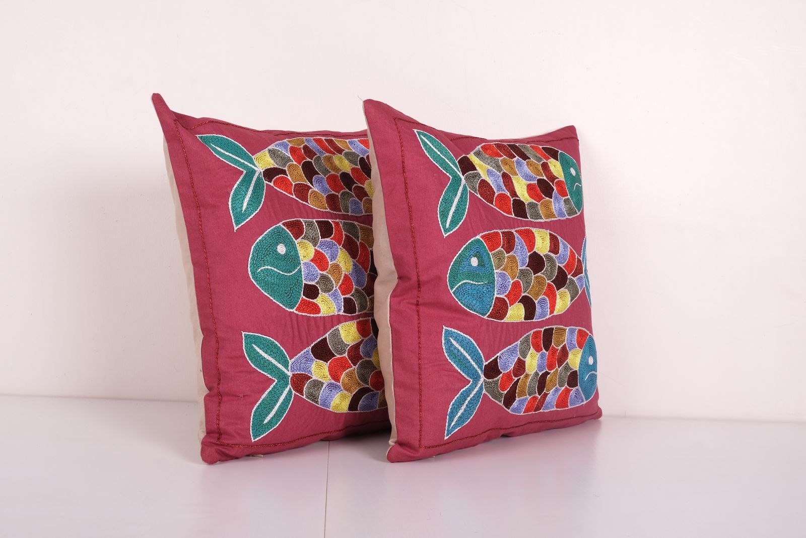 Tashkent Suzani Fish Pillow Case Made From A 19th Century Suzani   Set Of Two Burgundy Uzbek Fish Pictorial Cushion Cover 17'' X 17'' photo Textiles
