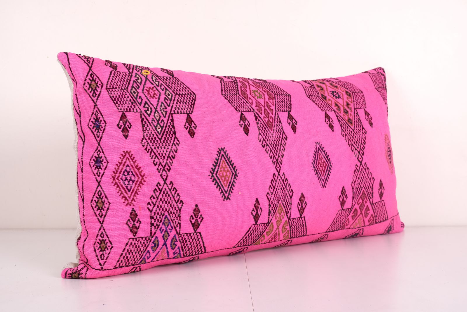 Pink Kingsize Turkish Kilim Pillow Cover, Vintage Wool Bedding Pillow, Bolster Kissen 20'' X 38'' photo Textiles