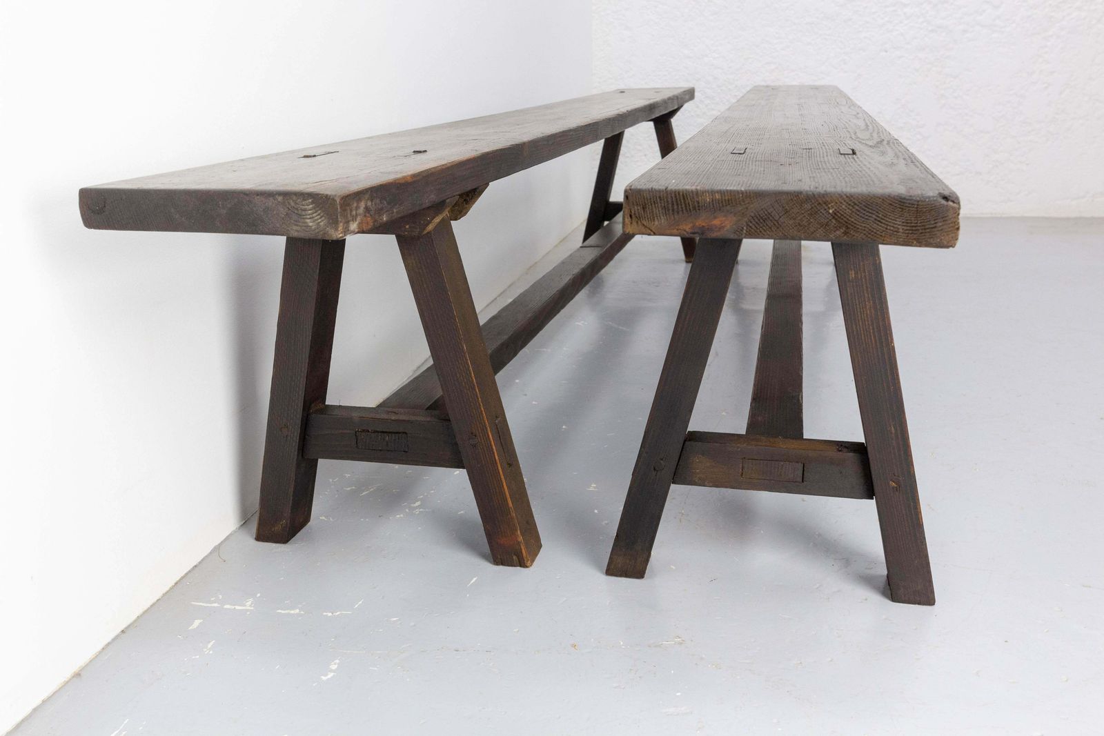 Pair Of French Antique Style Farmhouse Benches Massive Pine Circa 1930 photo vinterior