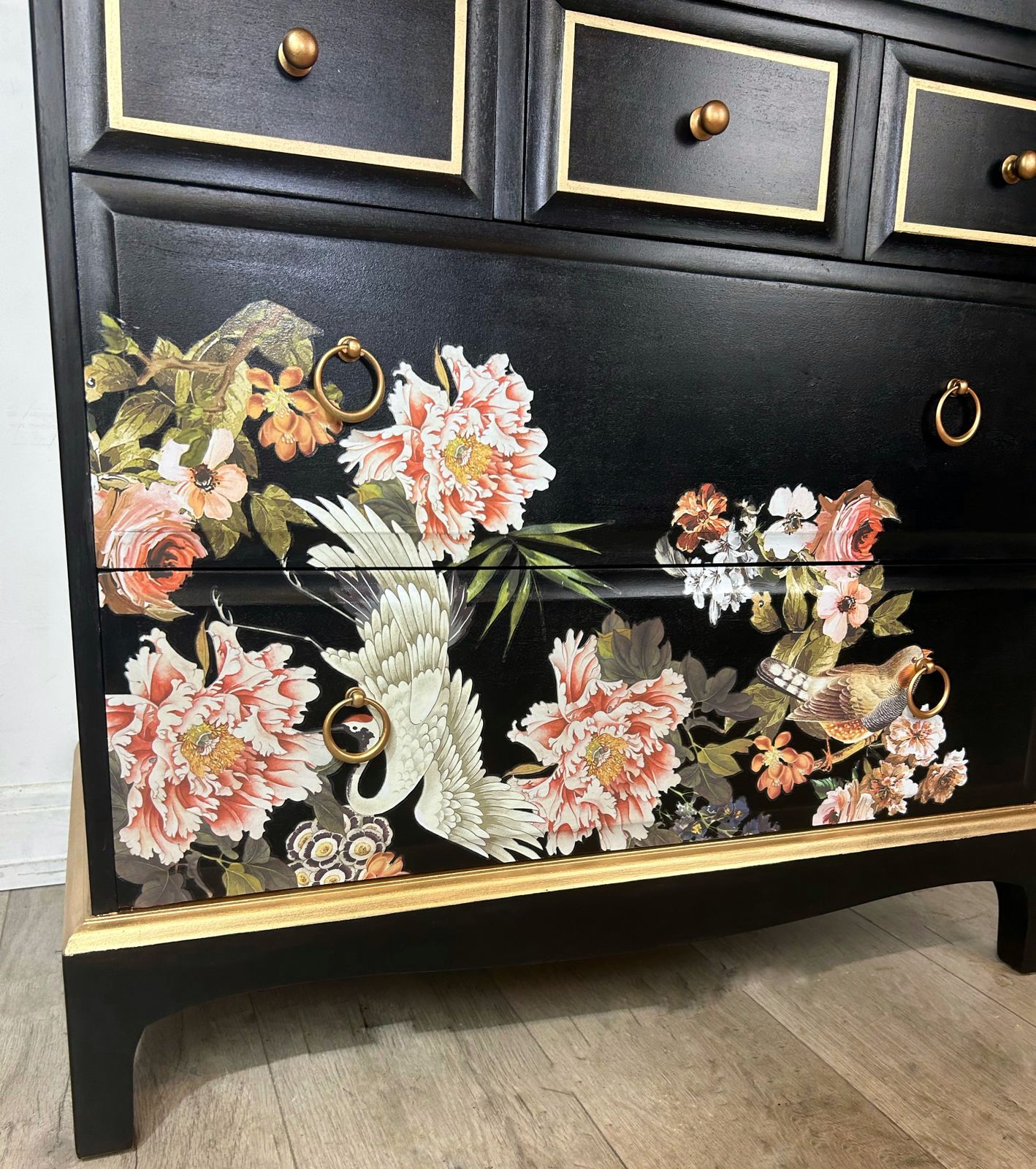 Stag Tallboy Chest Of Drawers In Black And Gold Chinoiserie photo 805.0
