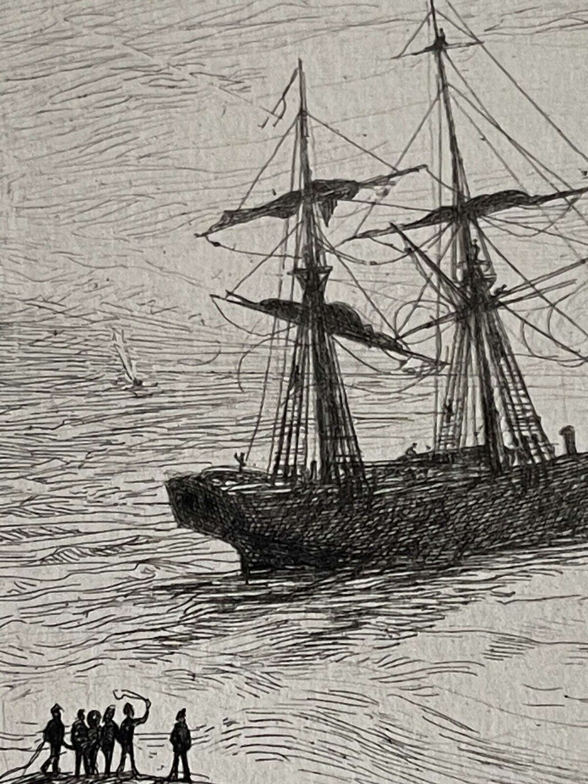Two 1800s Original Percy Thomas Etchings "Rescued From The Sea/Saved" photo vintage