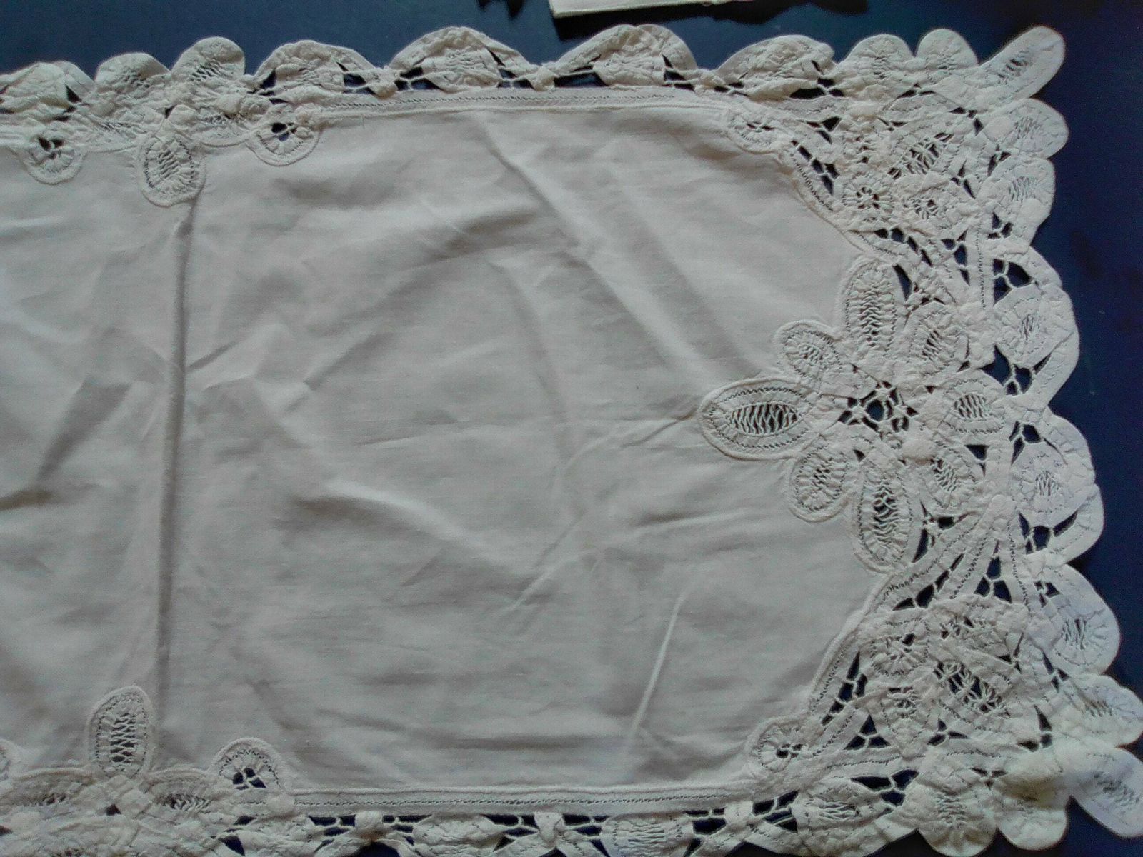 Vintage French Cotton Richelieu Lace Table Runner And 4 Napkins, Table Doily Lace Edging And Serviettes photo 50.0