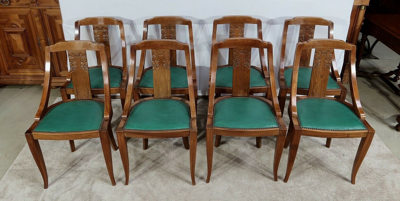 Suite Of 8 Gondola Chairs In Solid Walnut, Art Deco – 1930 photo for sale