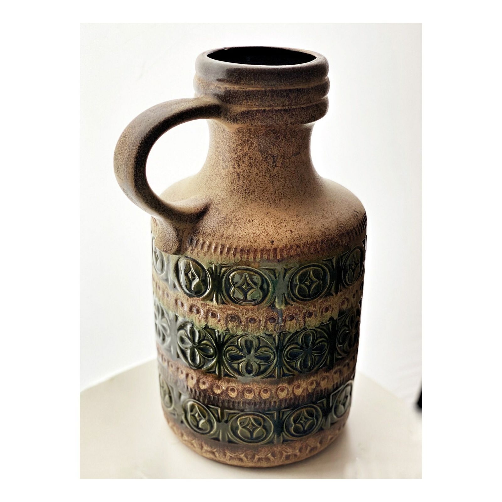 Large Scheurich West Germany Handled Ceramic Floor Vase Midcentury, 489 39, Foligno Tribal Pattern