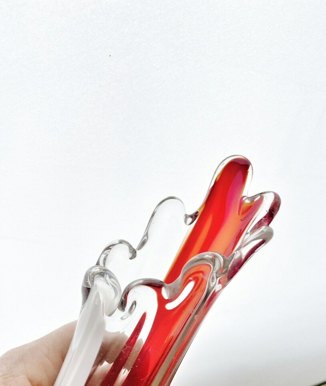 A Murano Art Glass Vase, Organic Form, Clear With White, And Red Tint photo for sale