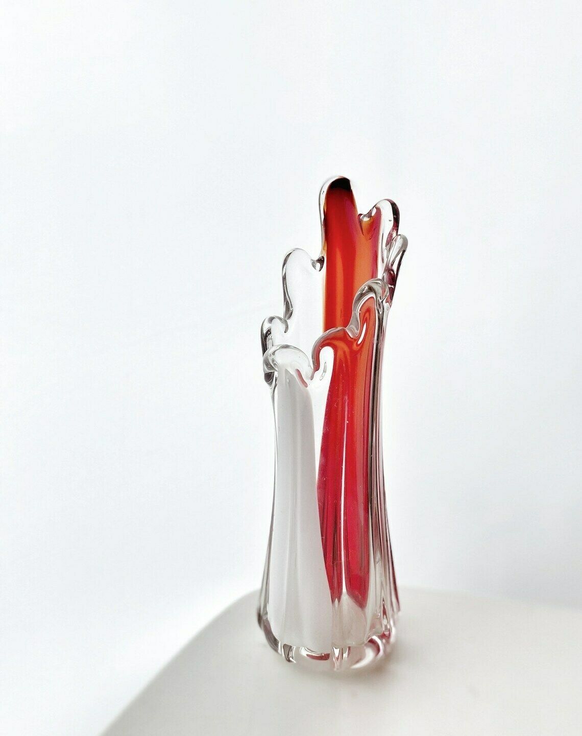 A Murano Art Glass Vase, Organic Form, Clear With White, And Red Tint photo Home Decor