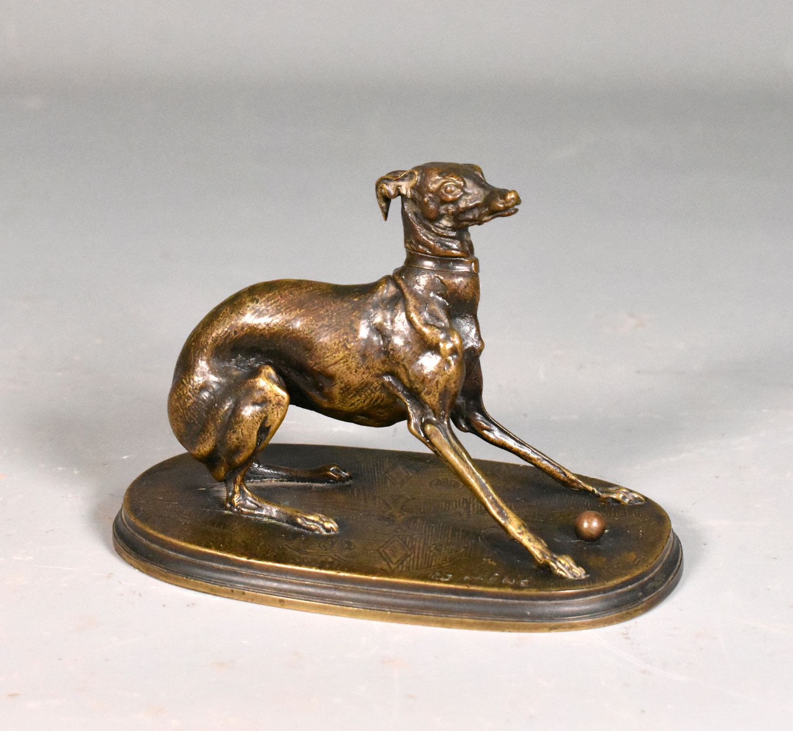 Greyhound With Ball In Bronze By Pierre Jules Mène (1810 1879)