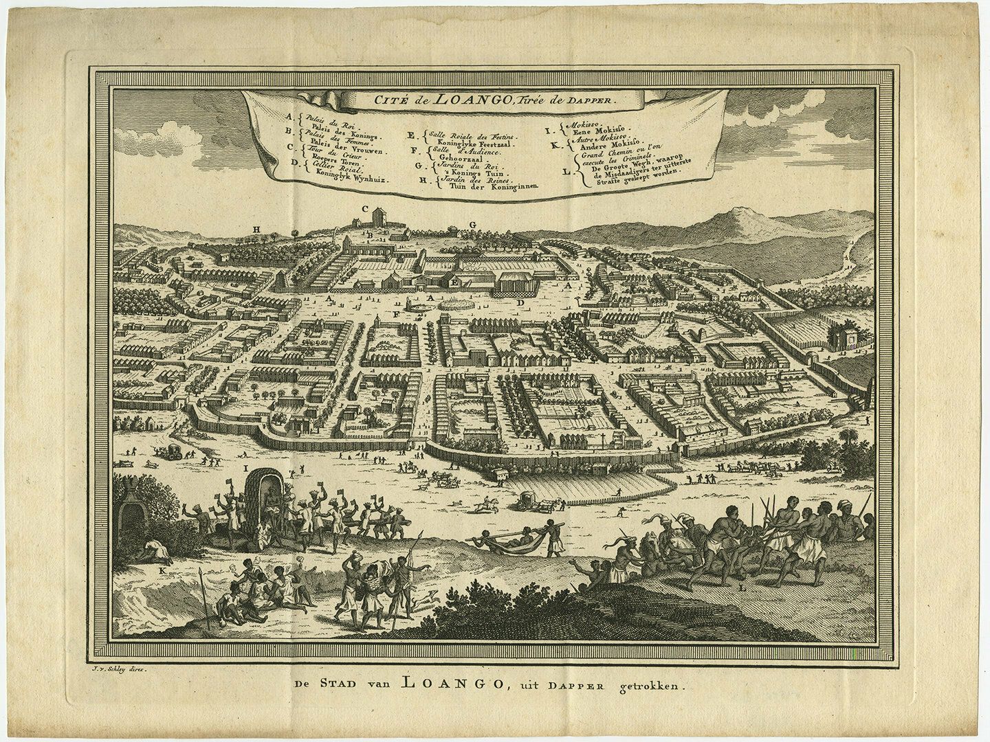 Antique Print Of The City Of Buali Or Mbanza Loango, Africa