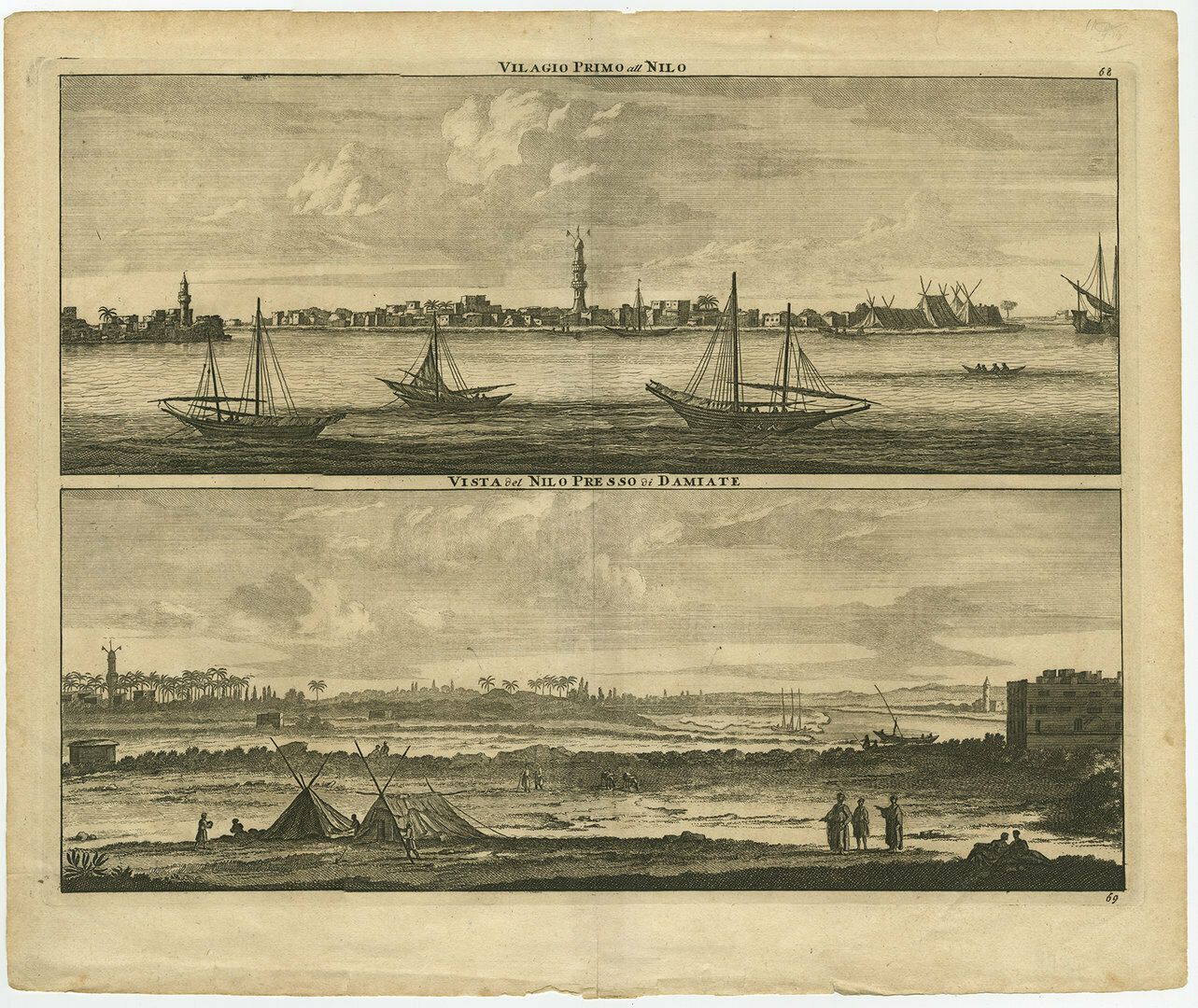 Antique Print With Panoramic Views Of The Nile, Egypt