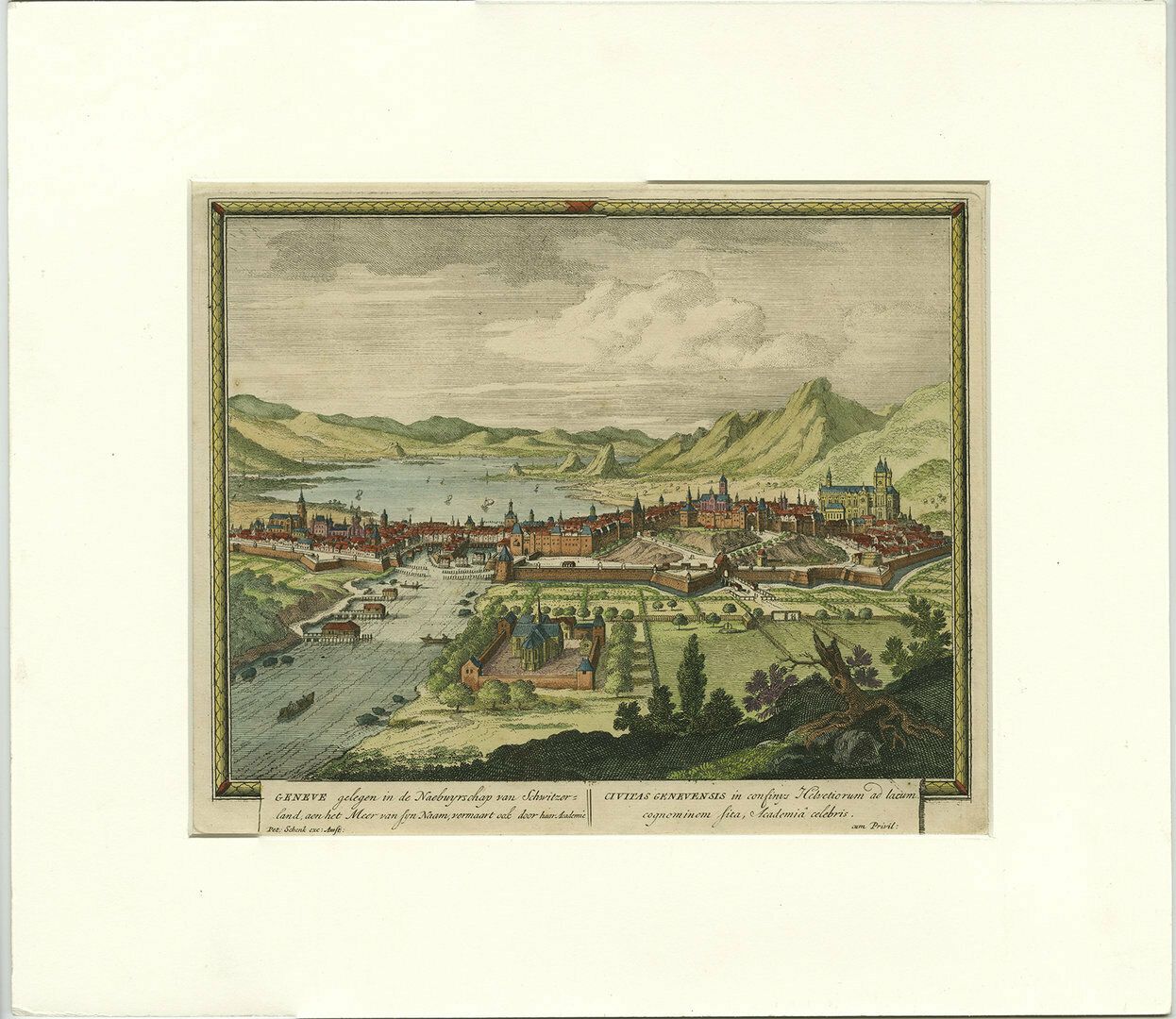 Antique Print With A Panoramic View Of Geneva, Switzerland