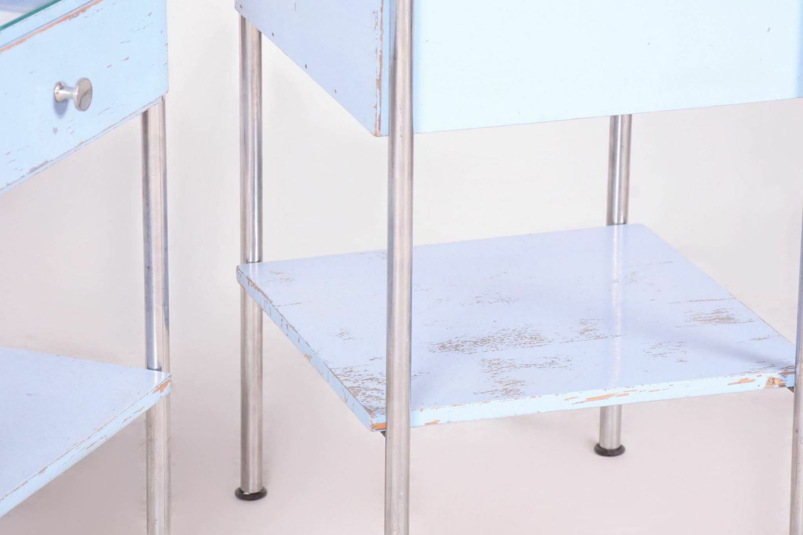 Bauhaus Pair Of Bed Side Tables, Mücke Melder, Plywood, Chrome Plated Steel, Glass, Czechia, 1930s photo furniture