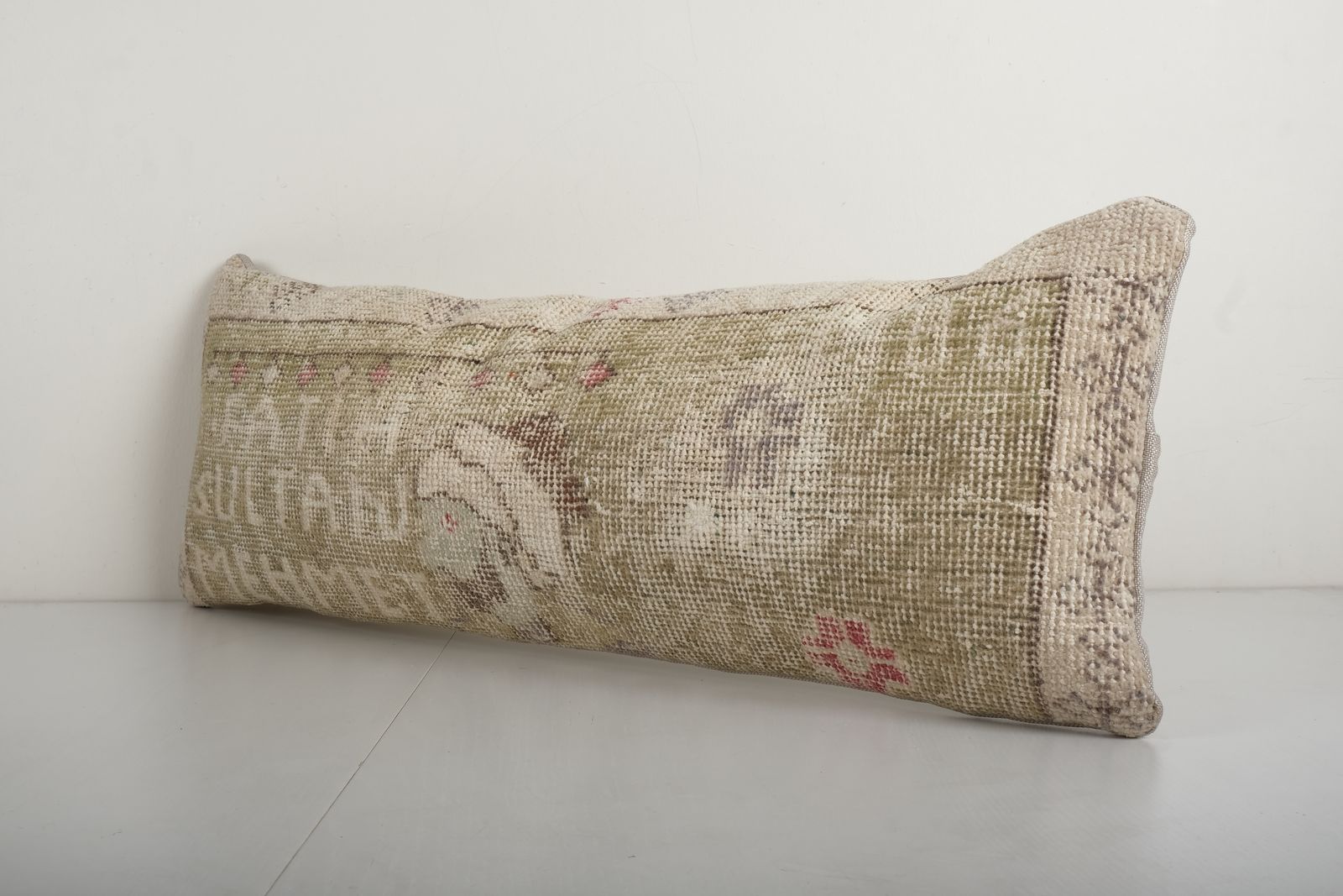 Muted Brown Turkish Oushak Pillow, Olivia Green Kurdish Boho Woven Carpet 11'' X 32'' photo Textiles