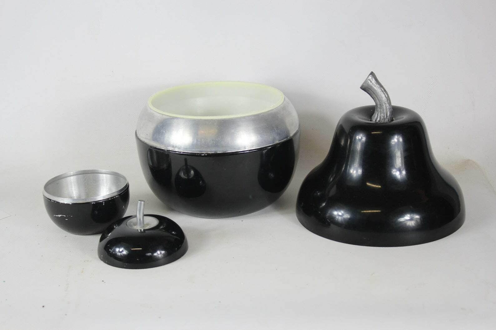 Ca. 1960’s   Aluminium   Champagne Bucket / Ice Bucket In The Shape Of A Pear With Matching Apple Shaped Container photo for sale