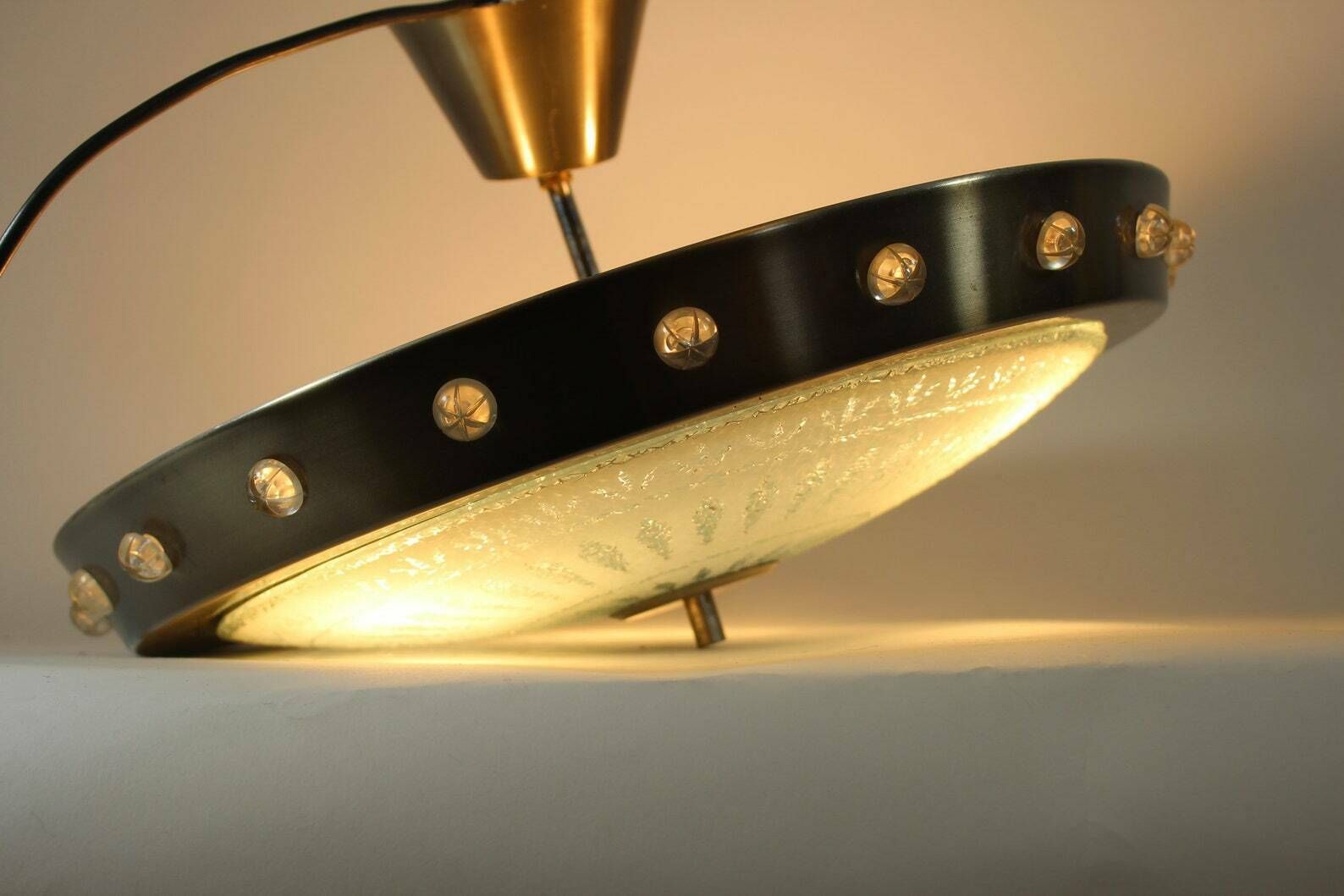 Vintage 70’s Hanging Pendant With Glass Bottom And Metal Brim