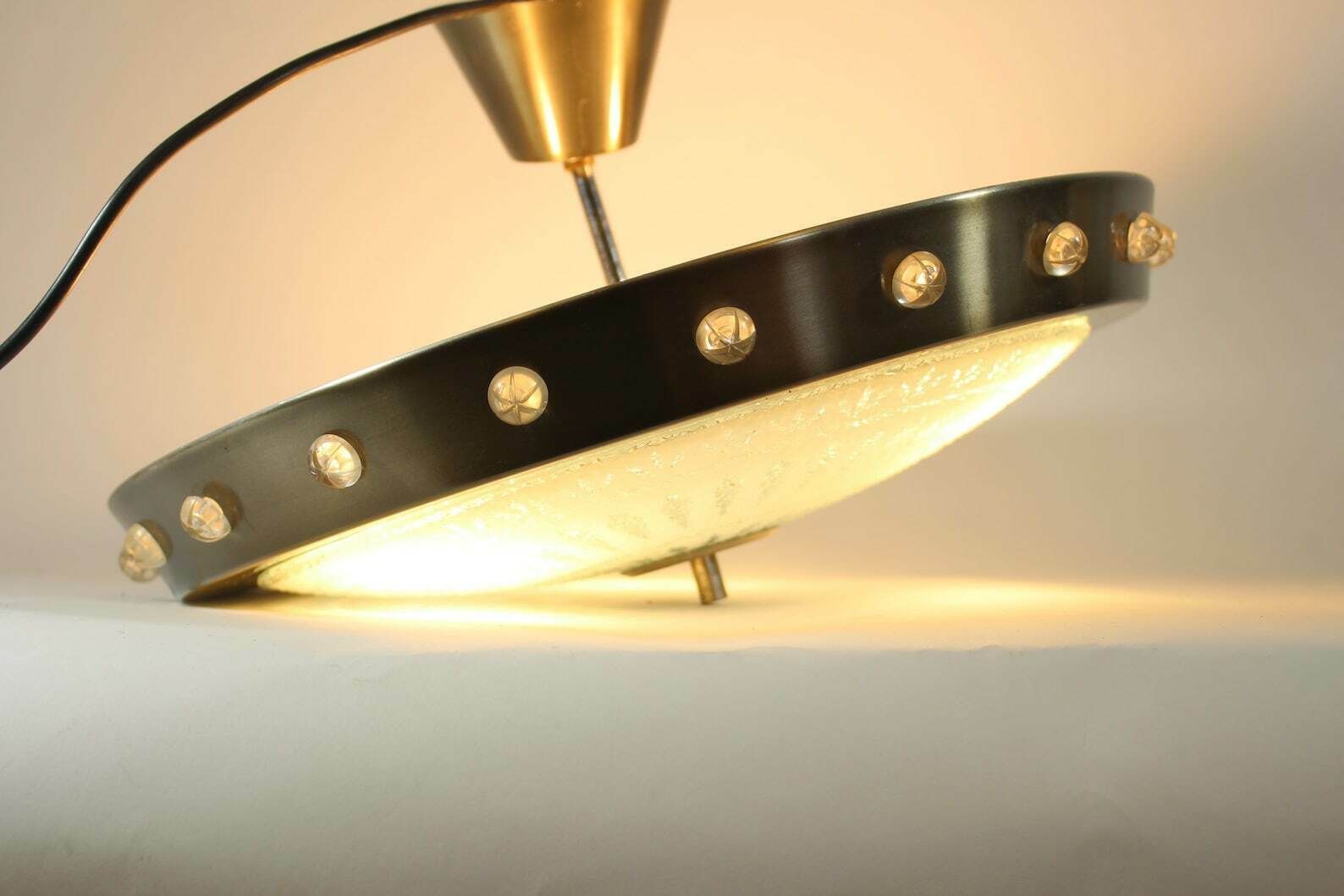 Vintage 70’s Hanging Pendant With Glass Bottom And Metal Brim photo Lighting