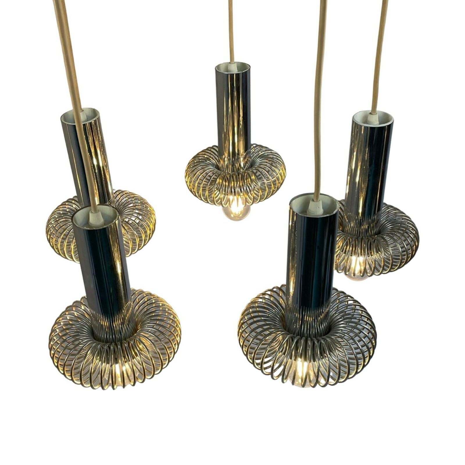 Honsel (Germany)   Chandelier With 5 Chromed Pendants   Including Ceiling Mount  Hanging Pendant   Seventies photo vintage