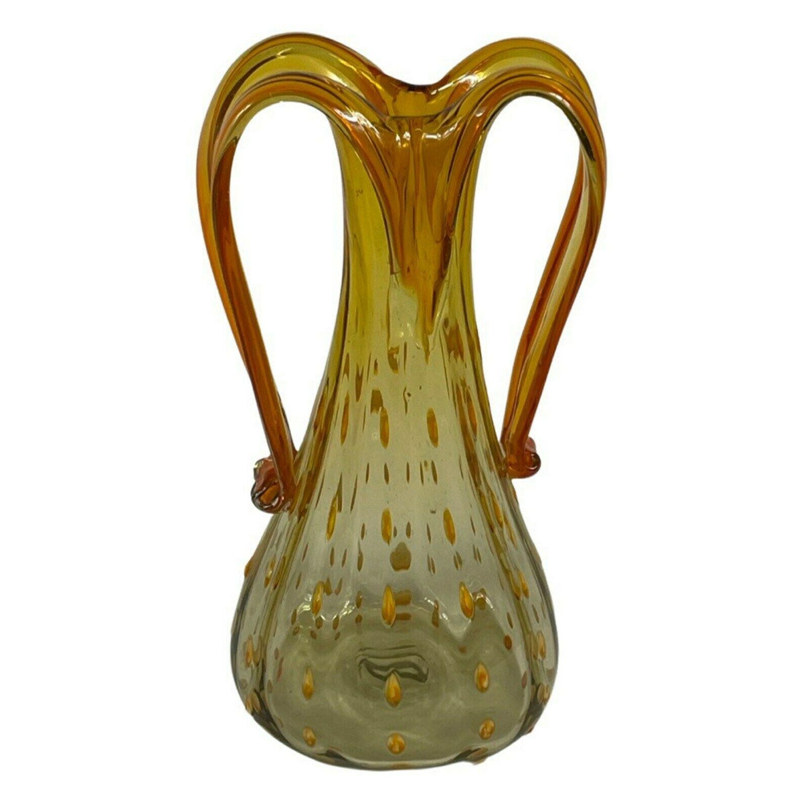 Hand Made Italian Glass Vase (Large)  Amber Colored With Yellow And Orange Details   Excellent Quality