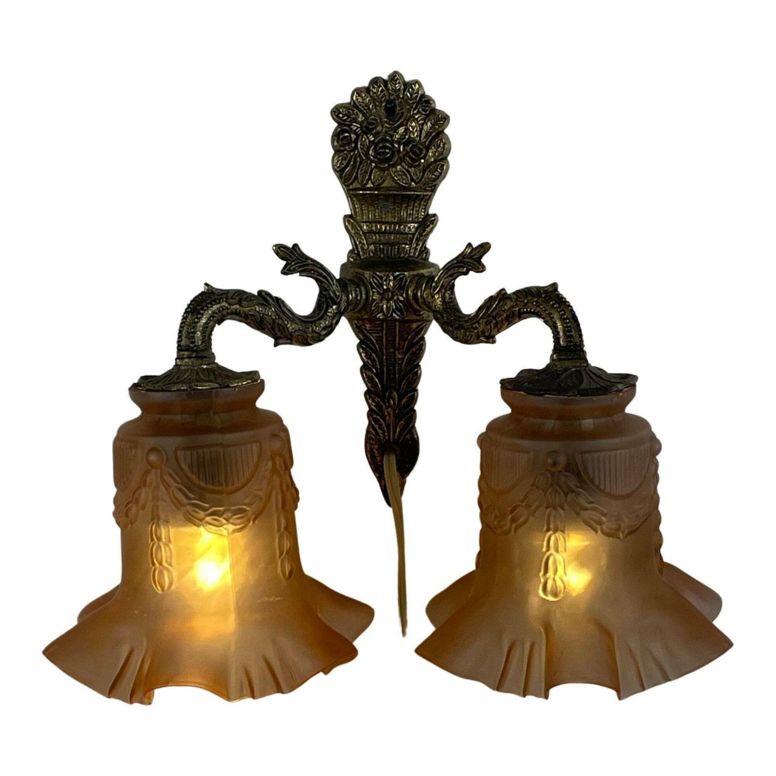 Art Deco   Antique Wall Mounted Lamp   Brass Base And Two Pink Satin Glass Shades With A Skirt Motif photo for sale