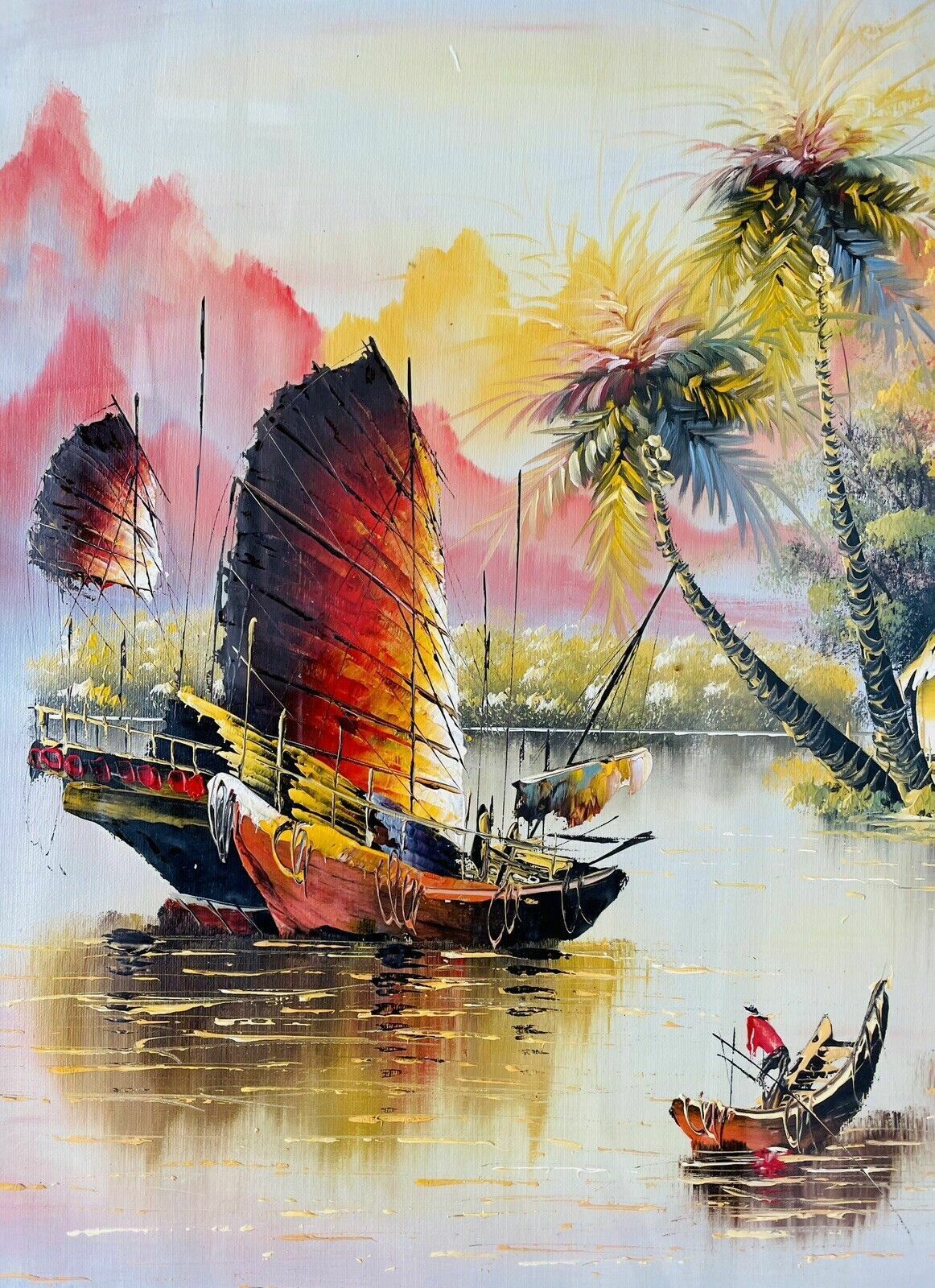 Vintage Large Oriental Painting Of Fishing Boats/Junks photo for sale