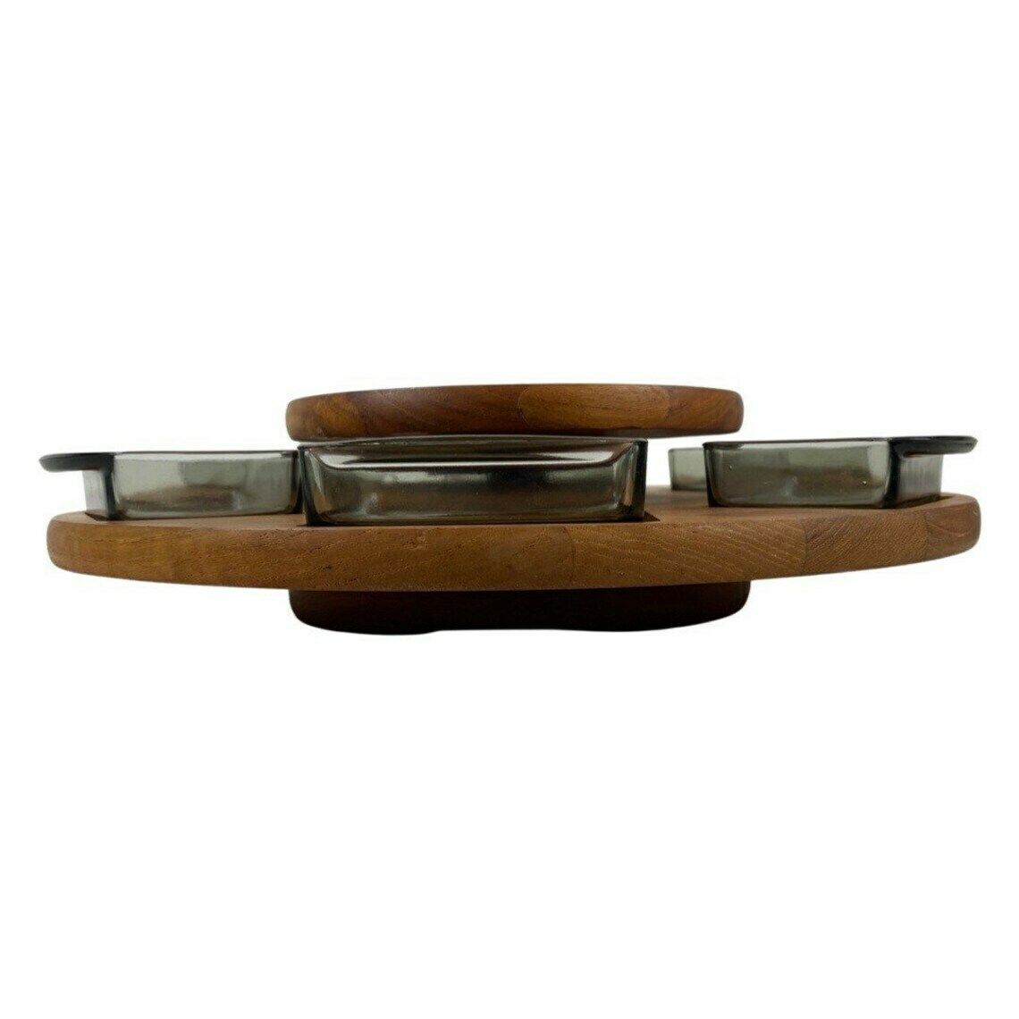 Digsmed Lazy Susan / Serveerschaal Teakhout En Rookglas Ca. Jaren 1950 Scandinavisch Design photo vintage