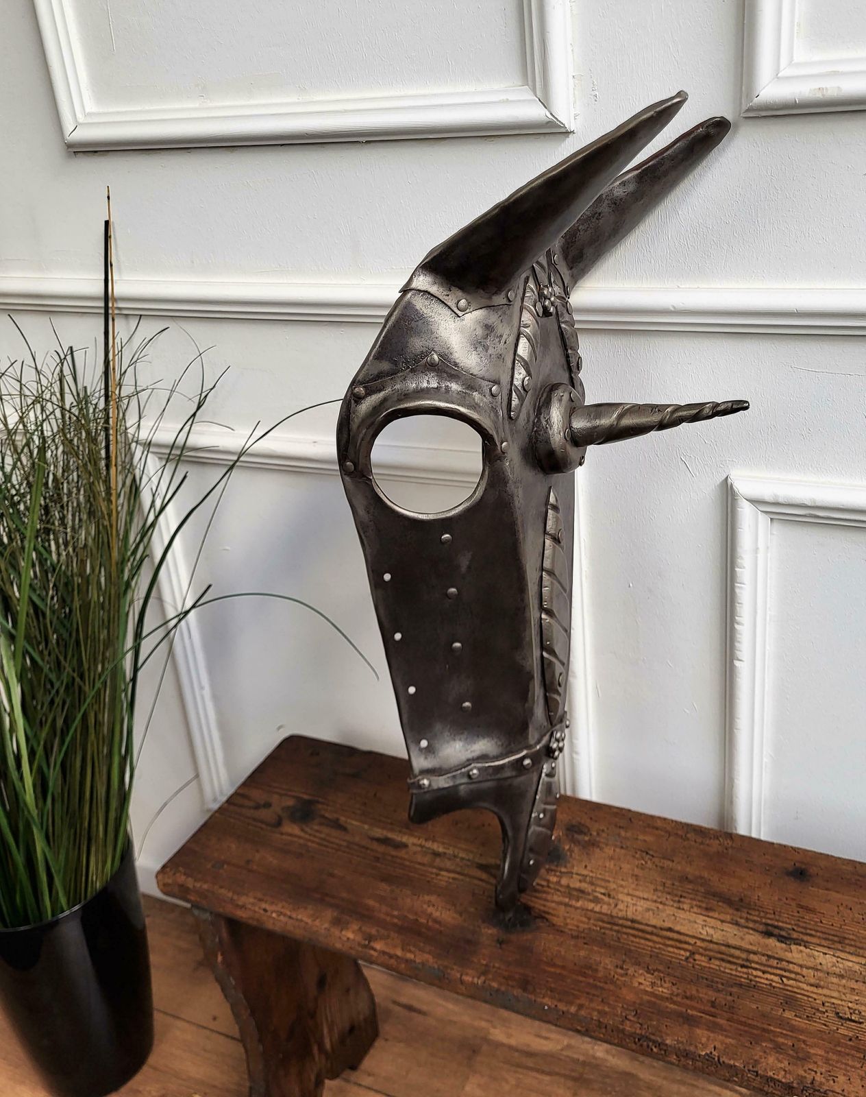 18th Century Italian Wrought Iron Chamfron, Shaffron, Horse Armour Mask photo vinterior