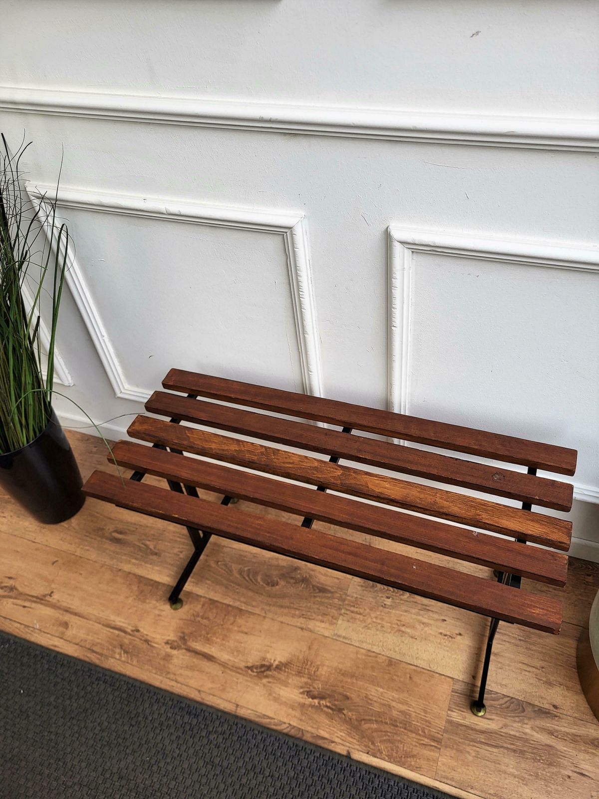 Mid Century Modern Italian Metal Base Brass Feet Wooden Slat Bench photo for sale
