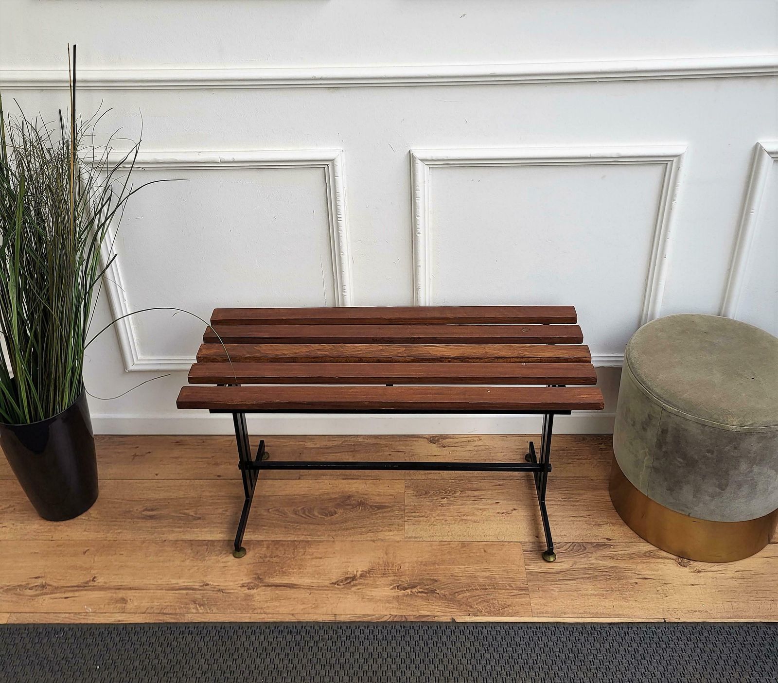 Mid Century Modern Italian Metal Base Brass Feet Wooden Slat Bench photo Furniture