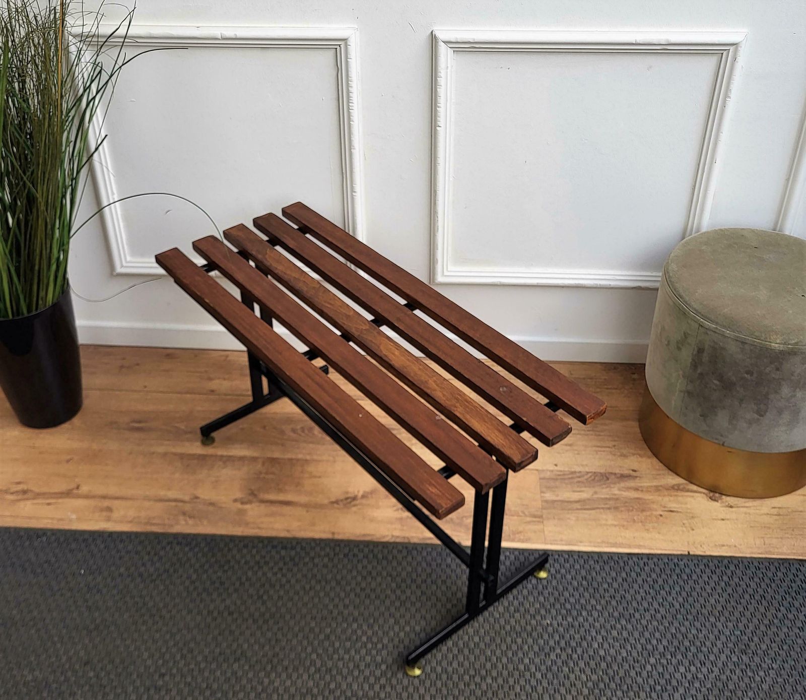 Mid Century Modern Italian Metal Base Brass Feet Wooden Slat Bench photo buy