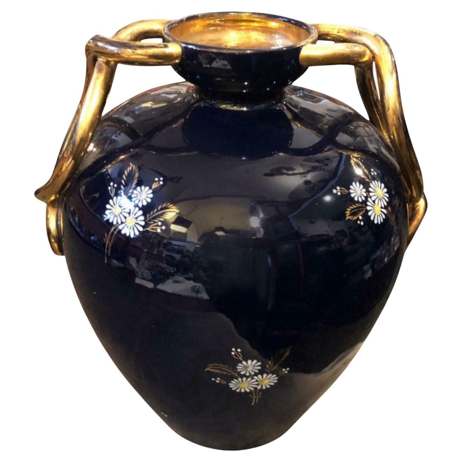 1950s Huge Mid Century Modern Blue And Gold Ceramic Italian Vase