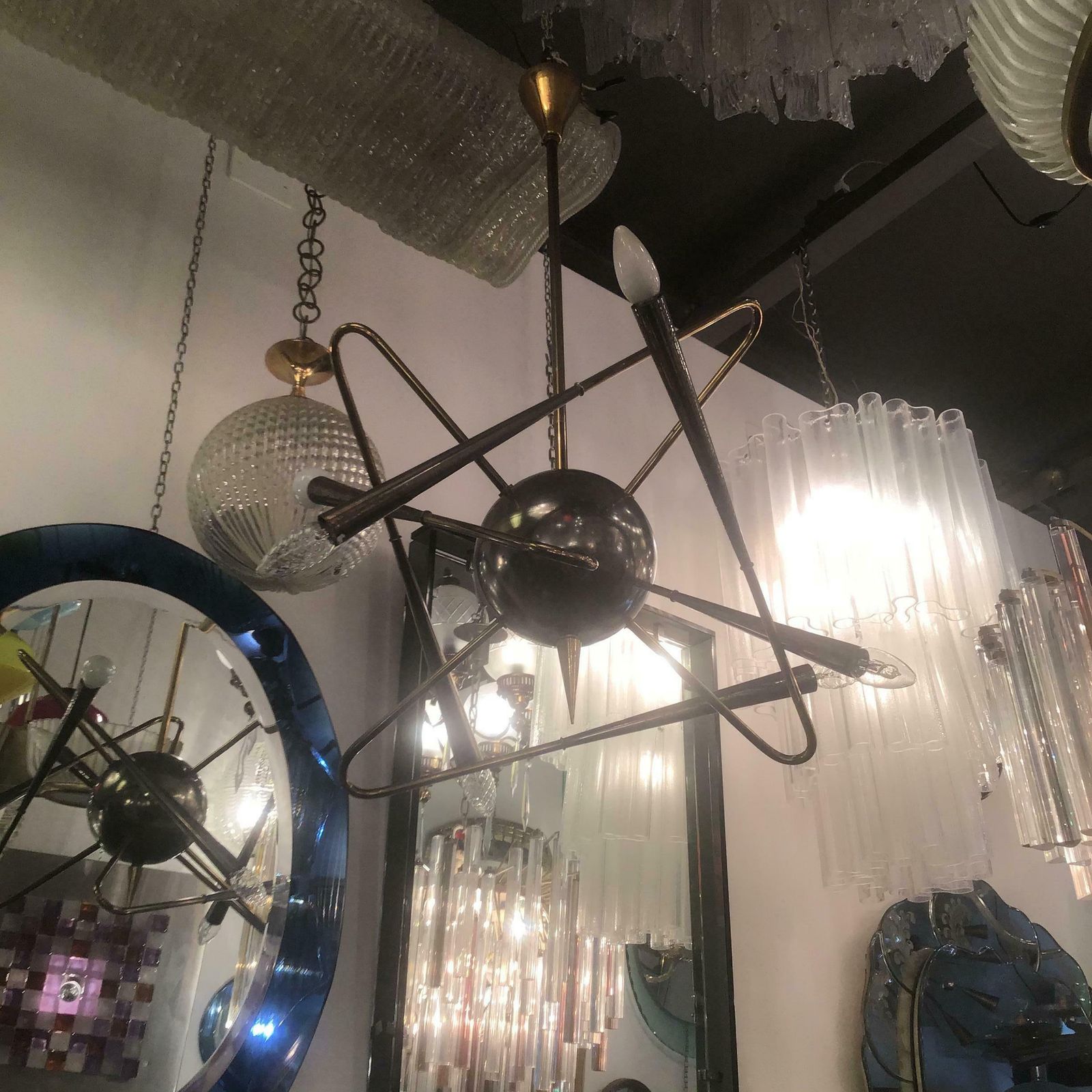 Stilnovo “ Cosmo “ Chandelier Metal Crome Brass 1950 Italy photo for sale