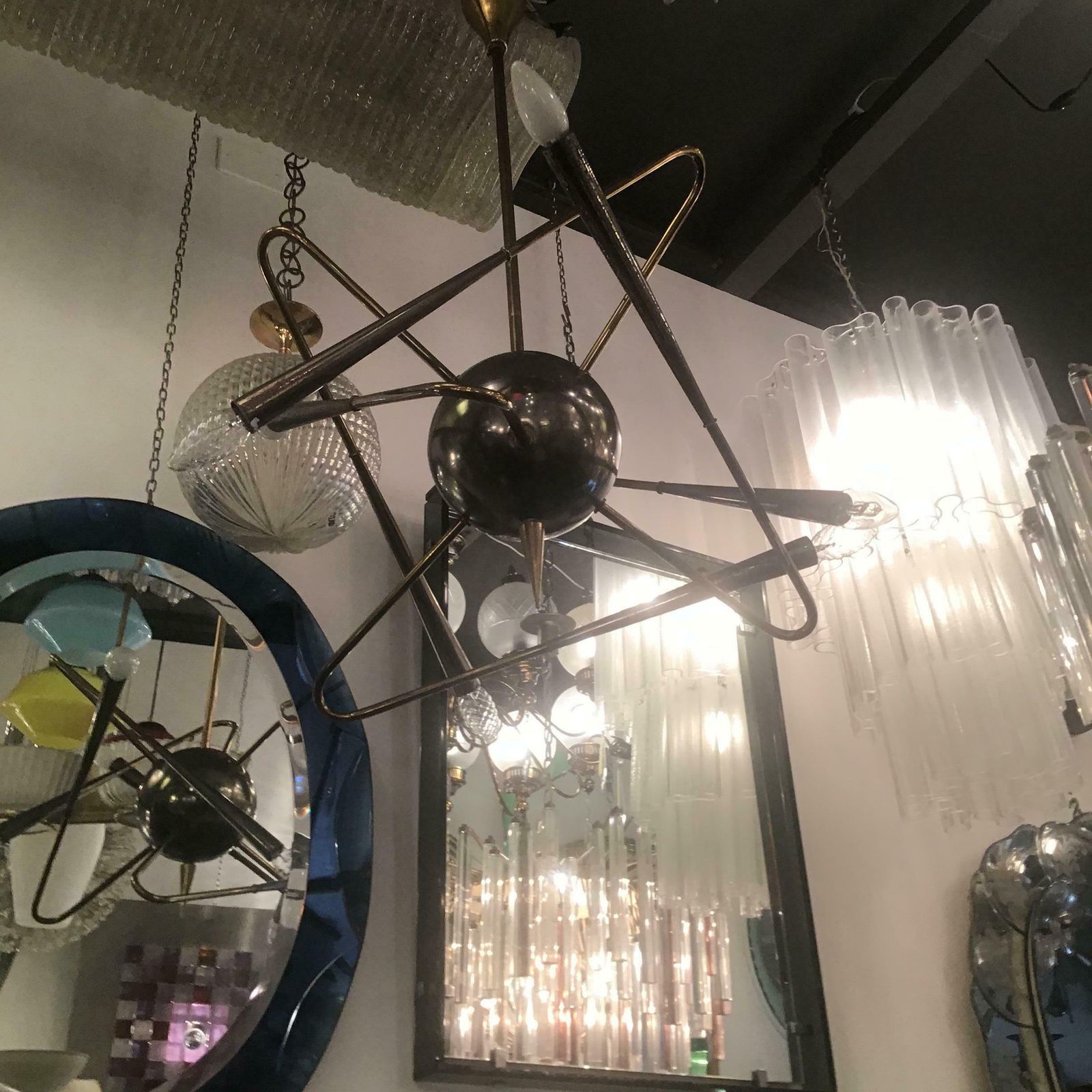 Stilnovo “ Cosmo “ Chandelier Metal Crome Brass 1950 Italy photo 5323.0