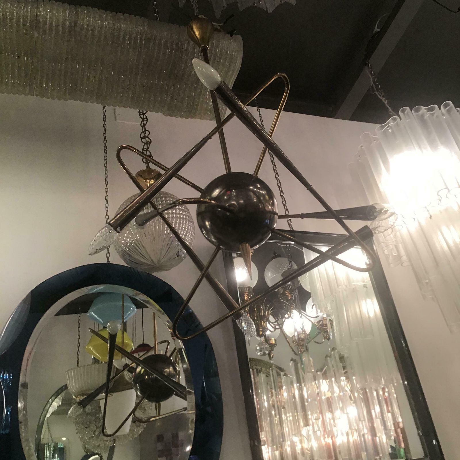 Stilnovo “ Cosmo “ Chandelier Metal Crome Brass 1950 Italy photo vinterior
