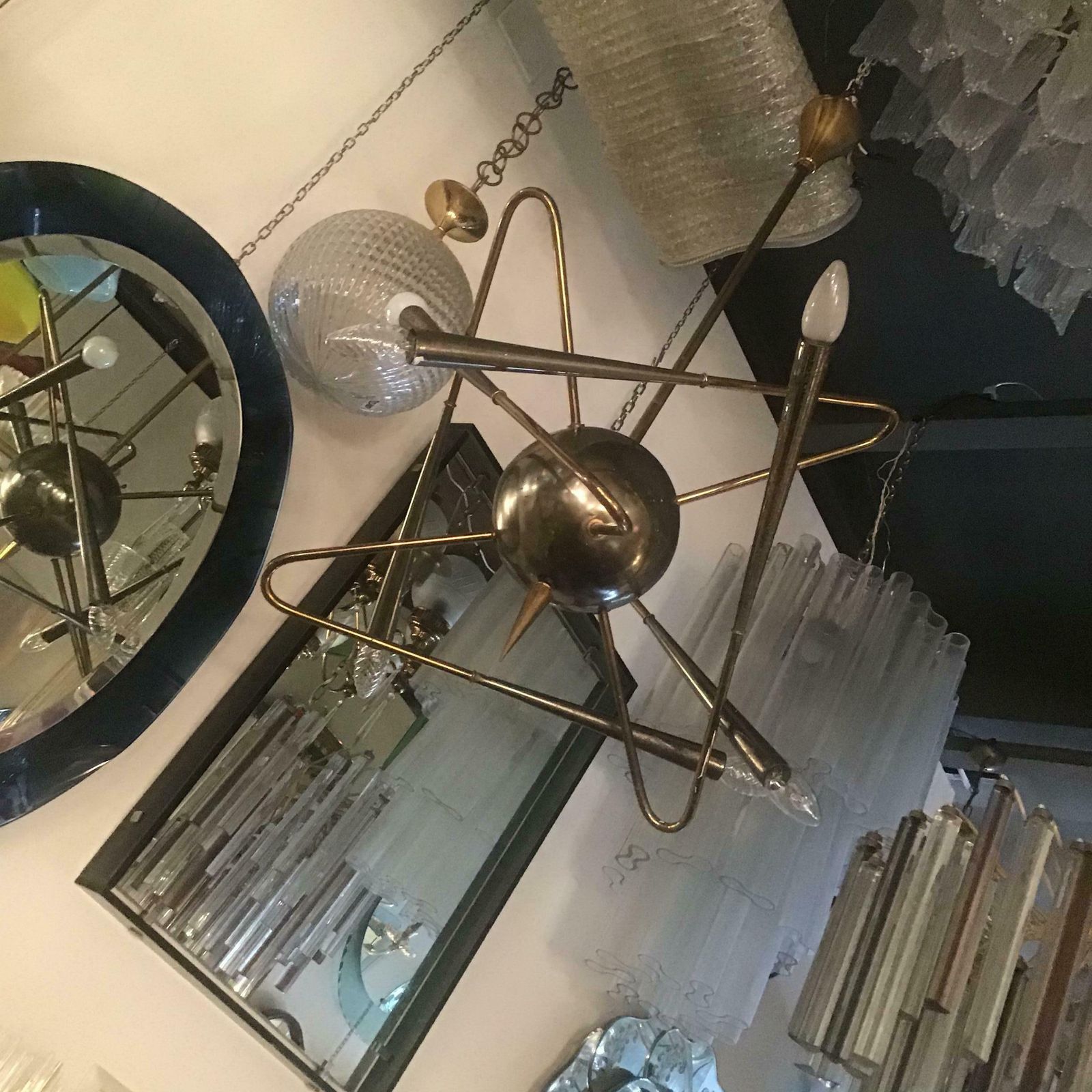 photo furniture Stilnovo “ Cosmo “ Chandelier Metal Crome Brass 1950 Italy