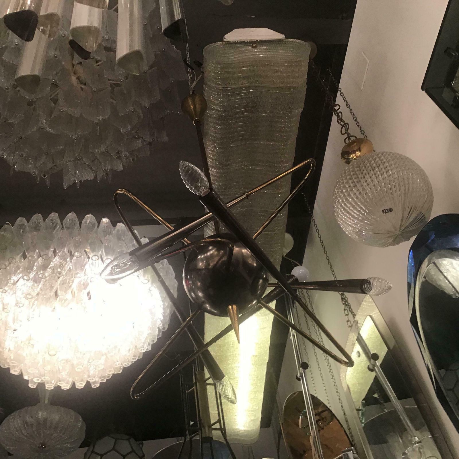 Lighting Stilnovo “ Cosmo “ Chandelier Metal Crome Brass 1950 Italy photo