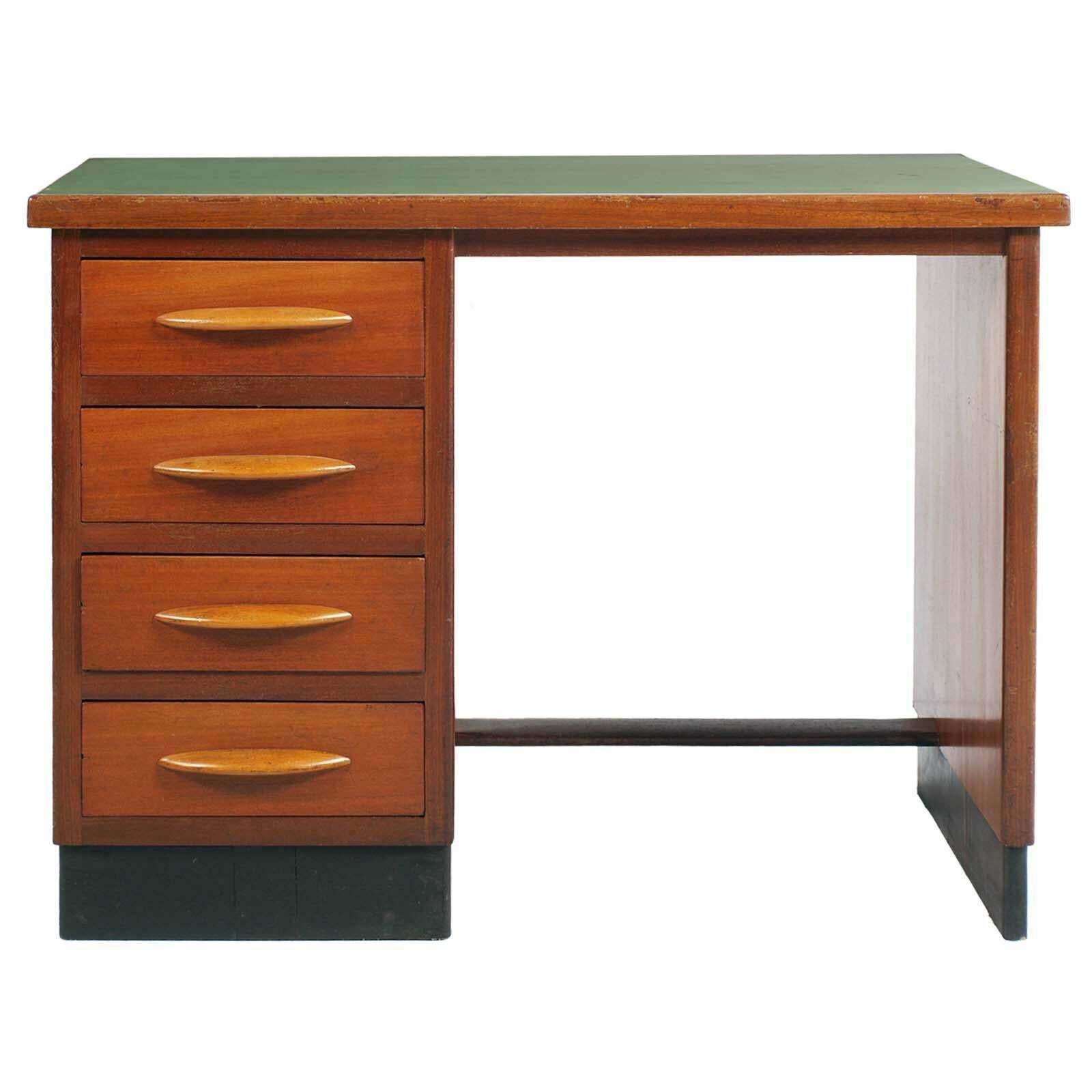 1930s, Italian Art Deco Desk Writing Table Four Drawers In Blond Walnut photo vinterior
