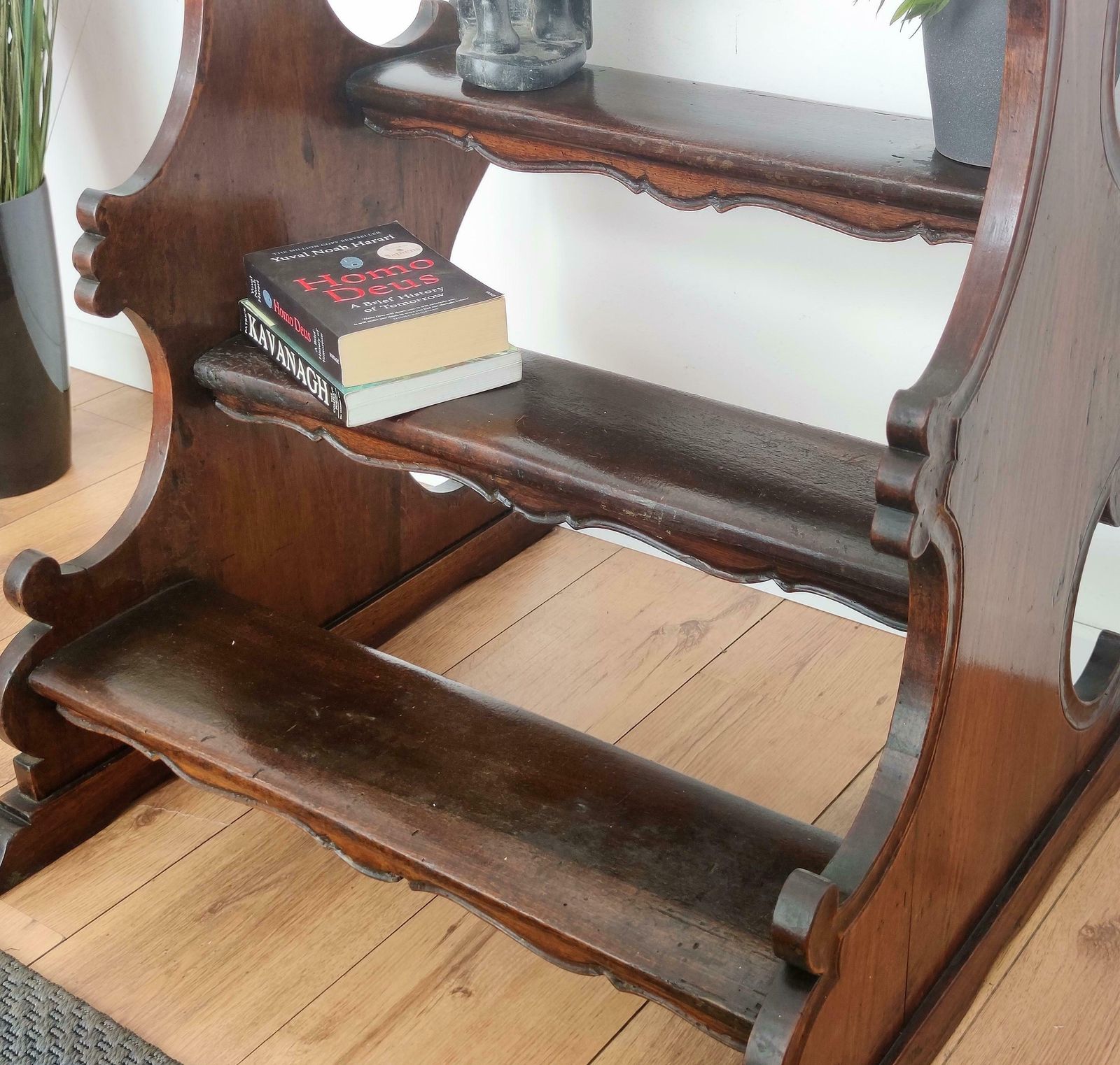 Antique Italian Carved Walnut Wood Large Wood 3 Step Library Ladder photo for sale