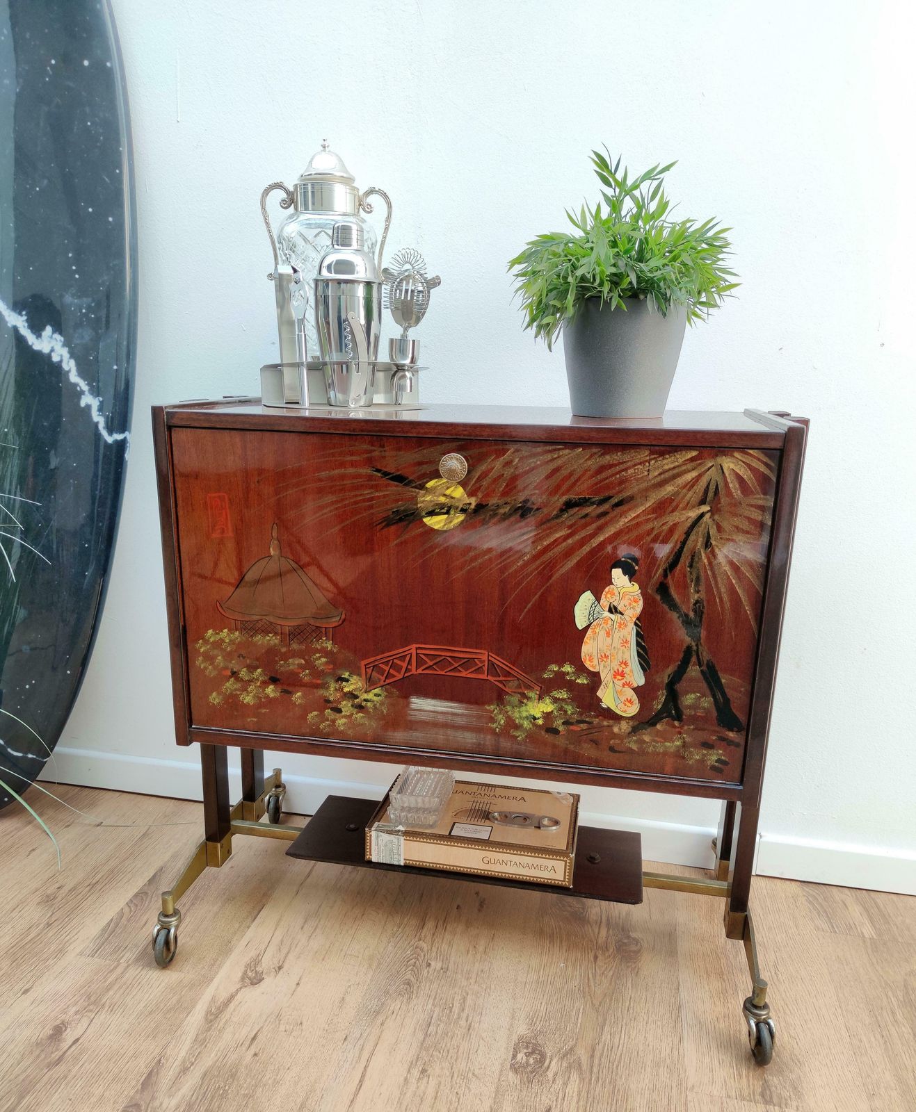 1950s Midcentury Regency Italian Wood, Brass And Mirror Dry Bar Cabinet Cart photo furniture