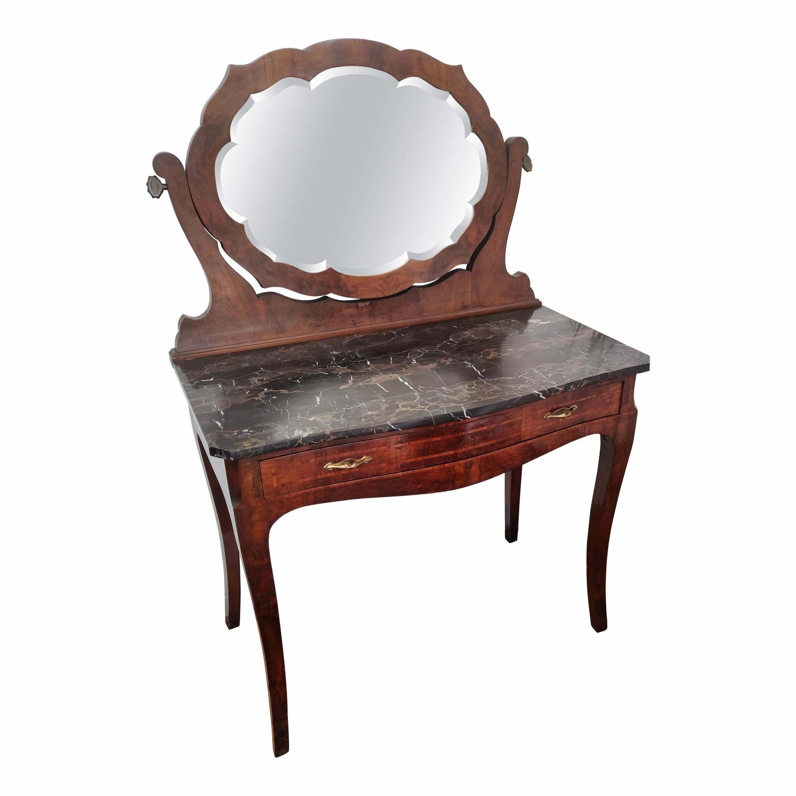 1940s Italian Art Deco Burl And Marble Vanity Dressing Table With Beveled Mirror