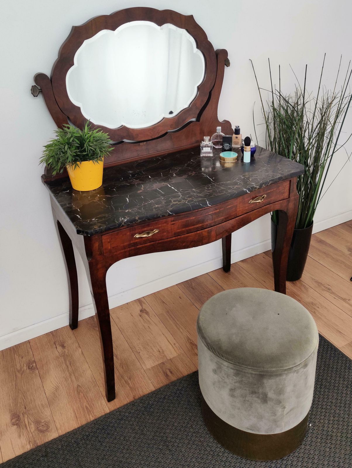 1940s Italian Art Deco Burl And Marble Vanity Dressing Table With Beveled Mirror photo furniture