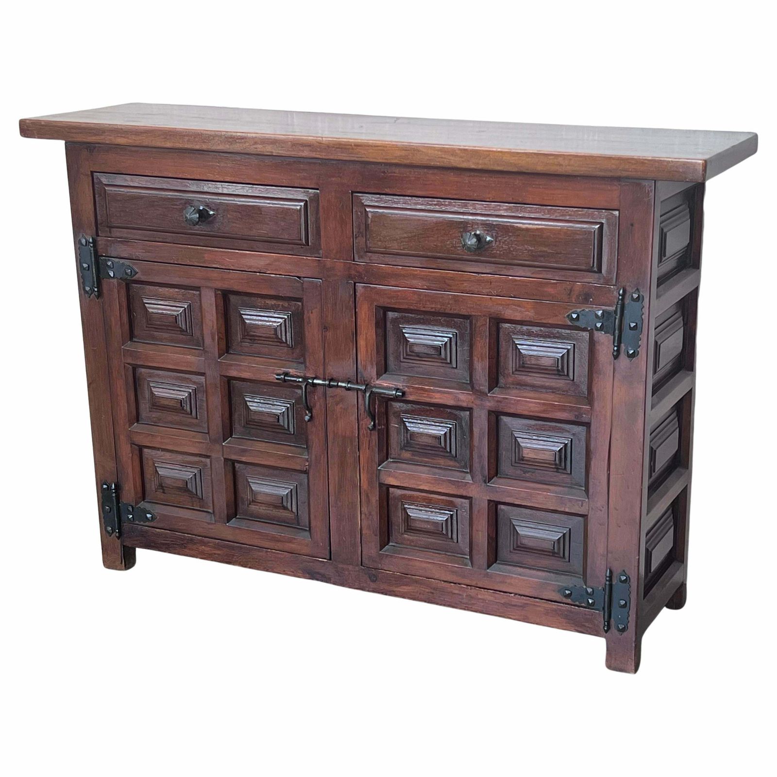 20th Century Narrow Catalan Spanish Baroque Dark Walnut Credenza Or Buffet