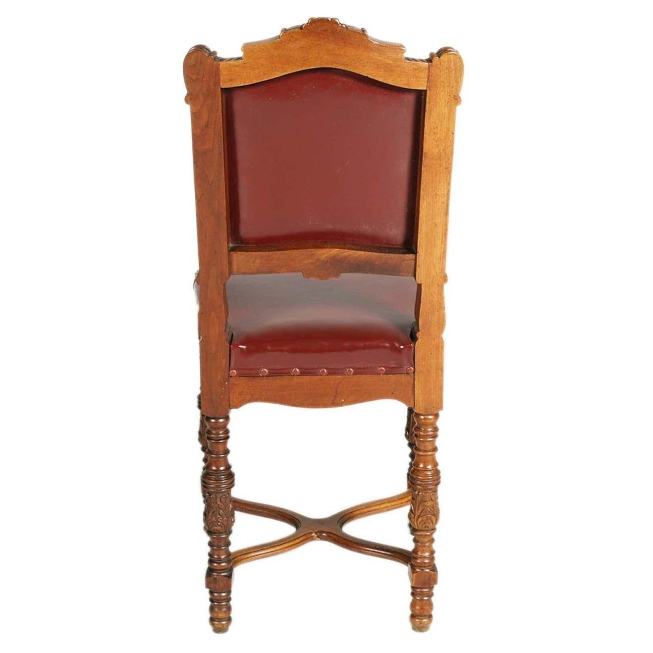 1880s Italian Chairs Neoclassic Eclectic Hand Carved Walnut Leather Upholstered photo vinterior