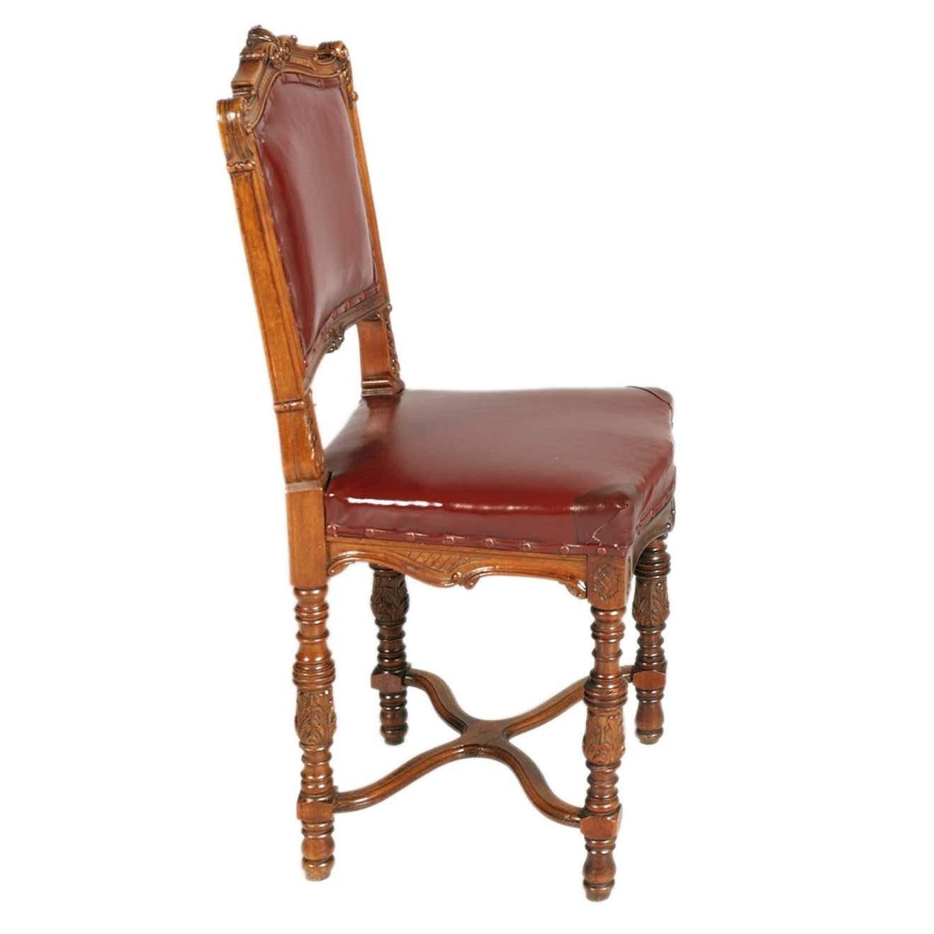 1880s Italian Chairs Neoclassic Eclectic Hand Carved Walnut Leather Upholstered photo buy