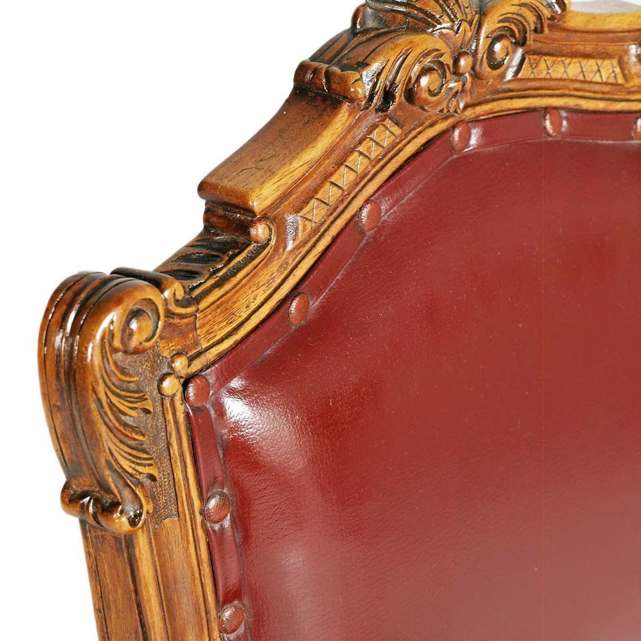 photo for sale 1880s Italian Chairs Neoclassic Eclectic Hand Carved Walnut Leather Upholstered