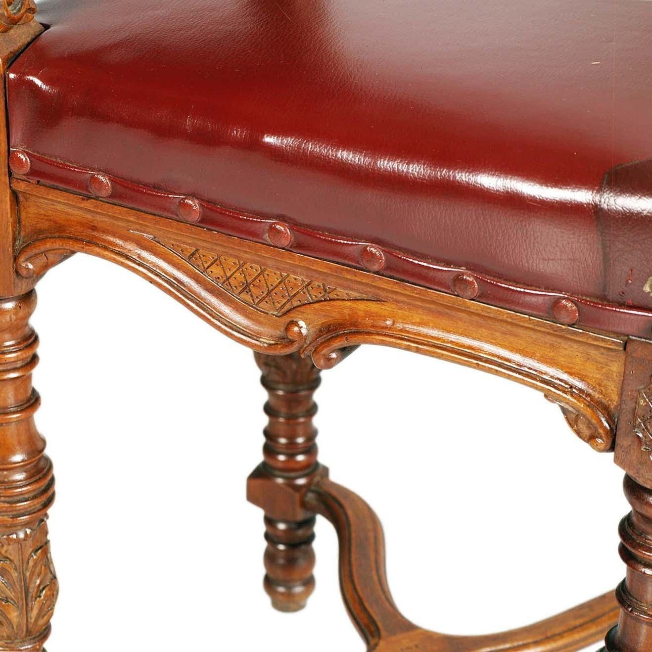 photo vinterior 1880s Italian Chairs Neoclassic Eclectic Hand Carved Walnut Leather Upholstered