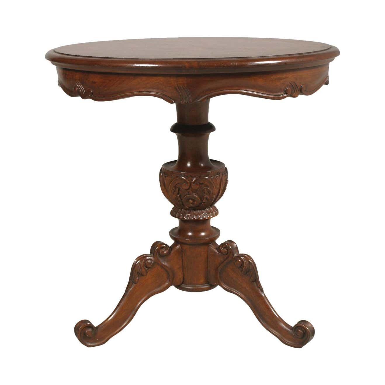Italian 1920s Baroque Round Coffee Table Burl Walnut, Carved Walnut Wax Polished photo furniture