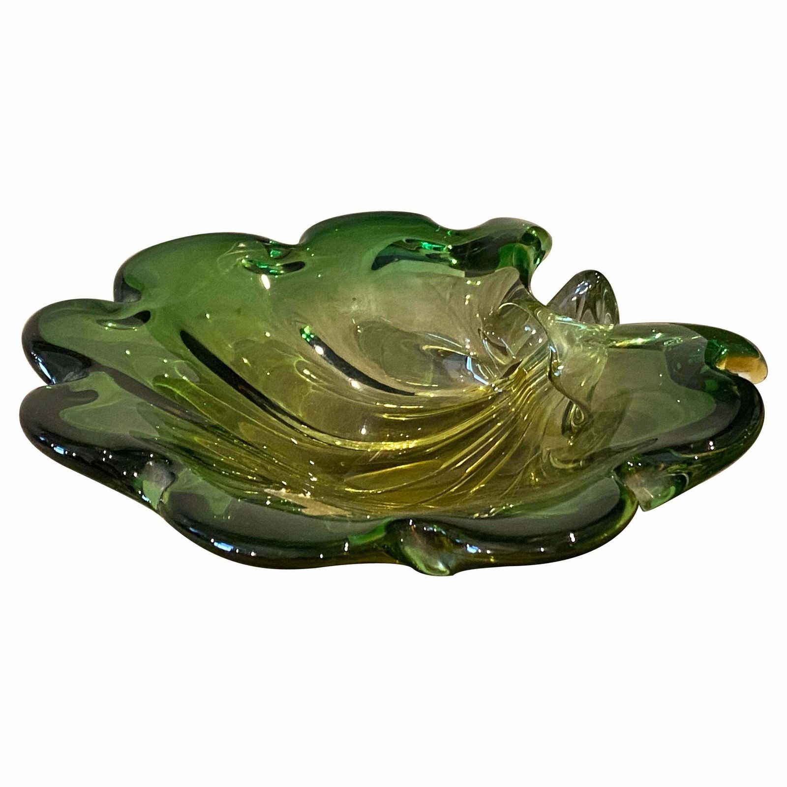 1970s Mid Century Modern Green And Yellow Murano Glass Sea Shell Bowl By Seguso