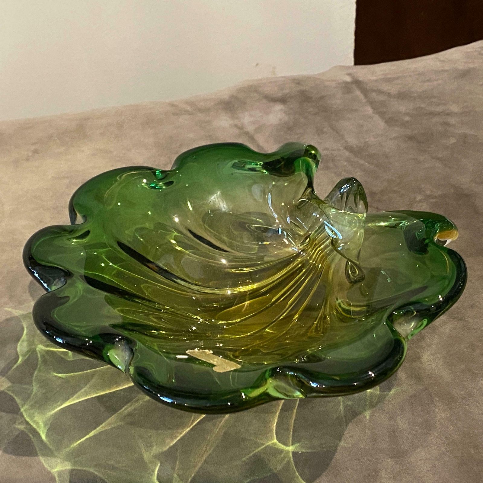 1970s Mid Century Modern Green And Yellow Murano Glass Sea Shell Bowl By Seguso photo furniture